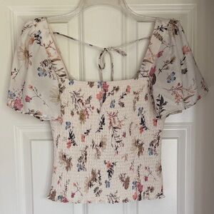 Abercrombie & Fitch Cream Floral Smocked Square-Neck Crop Top